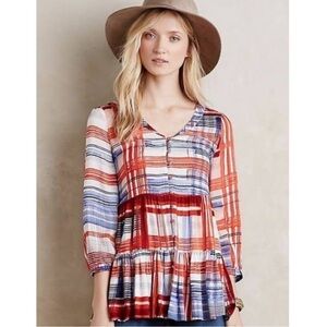 Anthropologie Maeve Lila Tiered Plaid Tunic Top XS Blue Red Peasant Boho Western